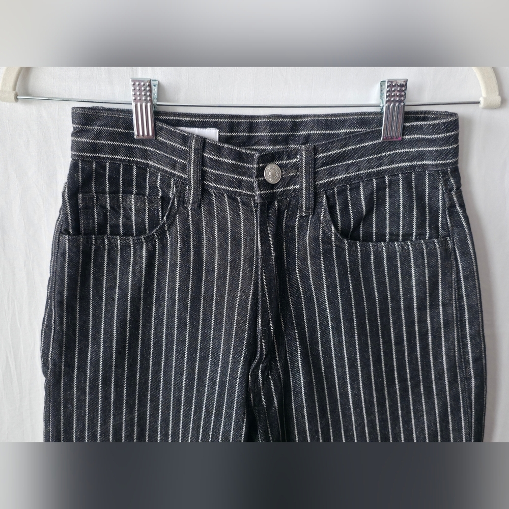 Zara High Rise Pinstripe Flare Jeans Black White Striped Wide Leg Retro Goth - Picture 4 of 12